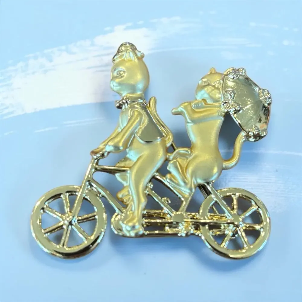 Whimsical Cat Tandem Bicycle Brooch Gold Tone Kitty Couple Vintage Figural Pin